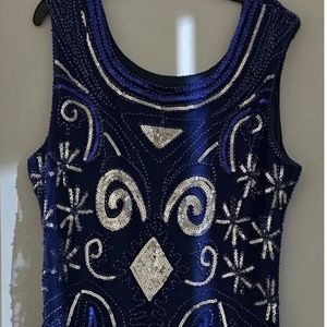 Blue 20’s  Style Fringed Gatsby Sequin Beaded Tassell Hem Flapper Dress Size 12